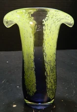 Hand Blown Green Spatter Striped Blue Art Glass Vase 7.75" x 5"x4.25" Excellent