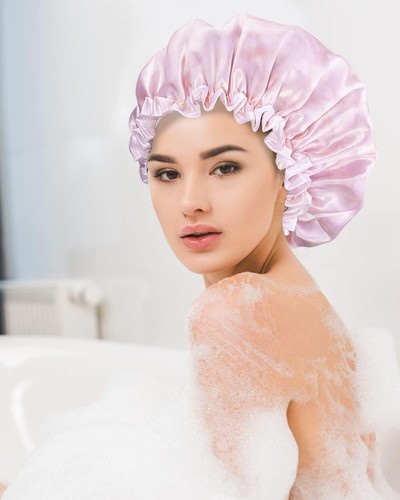 Waterproof Double Layers Shower Cap for Women Reusable Hair Bath Cap Hair Bonnet - Picture 3 of 9