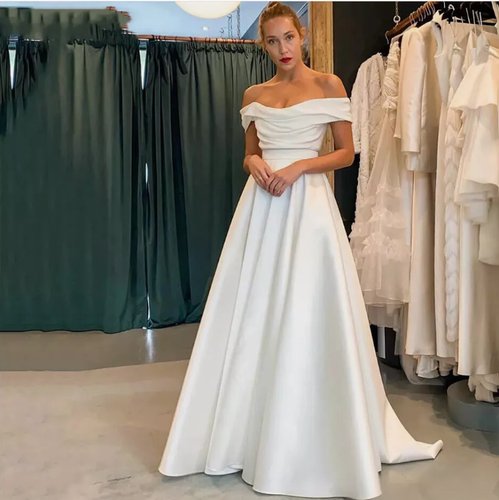 White Wedding Dresses A Line Satin Simple Off The Shoulder A Line Bridal Gowns - Picture 2 of 9