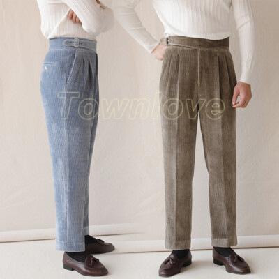 Mens Retro Corduroy GURKHA Pants High Waist Straight Naples