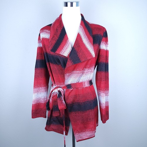 Misook Jacket Cardigan Womens Medium Red Black White Striped Belted Acrylic - Picture 4 of 11