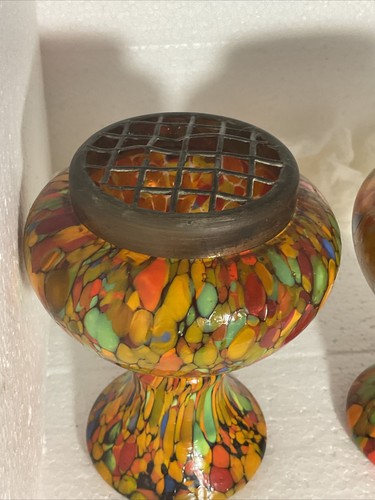 PAIR ART DECO BOHEMIAN CZECH SPATTER GLASS POSY FLOWER FROG VASE LOETZ KRALIK. - Picture 7 of 24