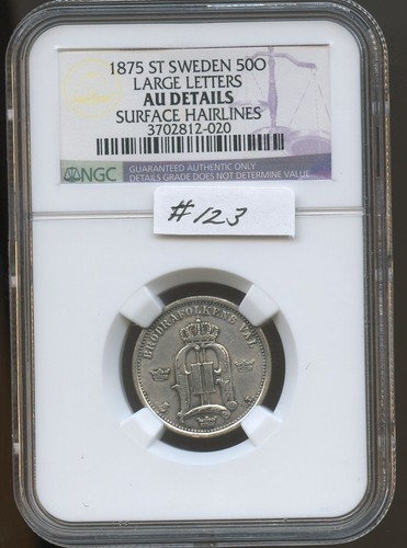 Sweden  1875 ST 50 Ore (#123) NGC AU Details (Surface Hairlines)  - Picture 1 of 2