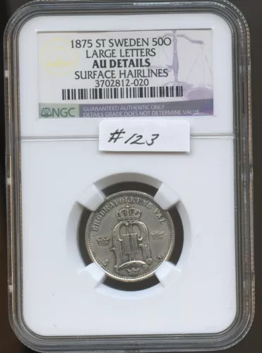 Sweden  1875 ST 50 Ore (#123) NGC AU Details (Surface Hairlines) 