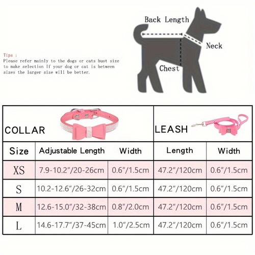 2PCS Bling Rhinestone Dog Collar w/120cm Leash set Cute Dog Tie Collar+Rope - Picture 2 of 16