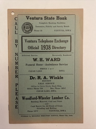 1937 And 1938 Ventura Telephone Exc , IA Reliable Directory Service Directory - Picture 5 of 8