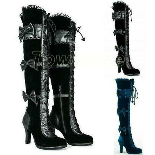 Womens Lace Up Thigh High Pirate Boots Steampunk Victorian High Heel Gothic Tall - Afbeelding 1 van 7