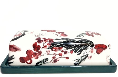 Anthropologie Holly  and Pear Butter Dish Green Red Multi Glazed Stoneware NWT - Picture 1 of 15