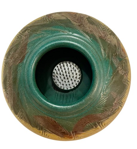 Art Pottery Flower Frog Vase Artist Signed Green Yellow Glaze 4.5”W x 2.25”T - Picture 3 of 10