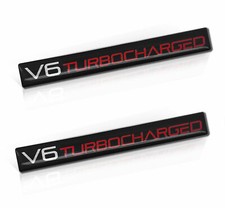 2 - Brand New Embossed Aluminum V6 Turbocharged Turbo Badge Emblem Black Red