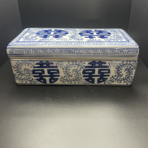 Vintage antike chinesische blau & weiß Porzellan Doppel Glück Tee Schmuckschatulle - Bild 1 von 9