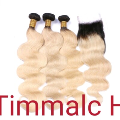 12A Brazilian Human Hair Weft 3/4Bundle+Lace Top Closure=Full Head 1B/613 BLONDE