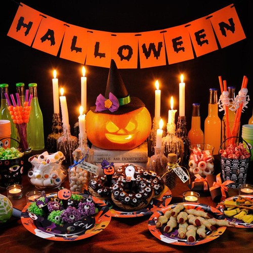 190 Pcs Halloween Dinner Plates And Napkins For 24 With Tablecloth Decoration Ha - Picture 4 of 7