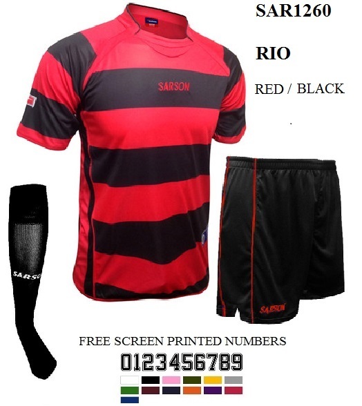 15 Equipo De Fútbol Rojo Negro Jersey uniforme SAR1260 Rio Libre Calcetines y números kit 15 Equipo De Fútbol Rojo Negro Jersey uniforme SAR1260 Rio Libre Calcetines y números kit
