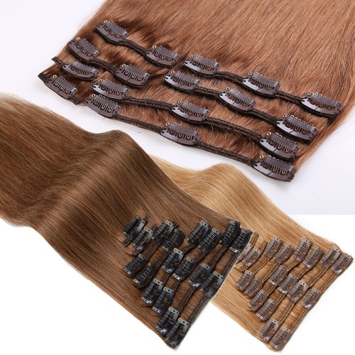 Caramel Clip In On Hair Extensions 100% Real Remy Human Hair 8-24in Full Head US - Picture 10 of 51