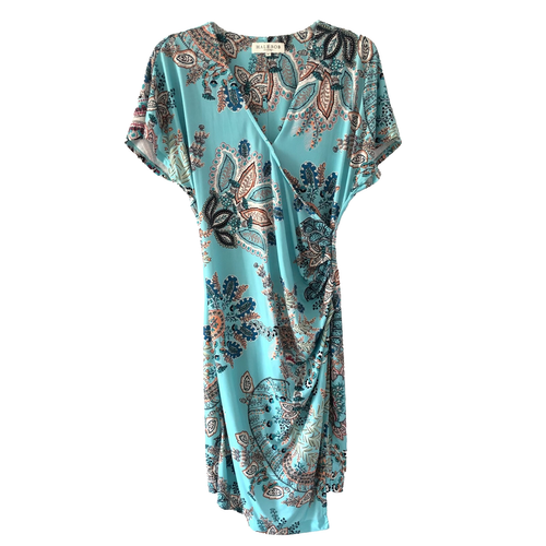Hale Bob Damen Türkis Wickelkleid Gr. M Midi Paisley Blumen Party Cocktail