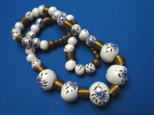 Vintage Chinese Export Ceramic Necklace Hand Made White Bead Brass Barrel - Picture 9 of 11