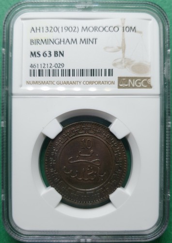 AH1320 (1902) MOROCCO 10 MAZUNAS BIRMINGHAM MINT NGC MS 63 BN HIGH POP 2! - Picture 1 of 4