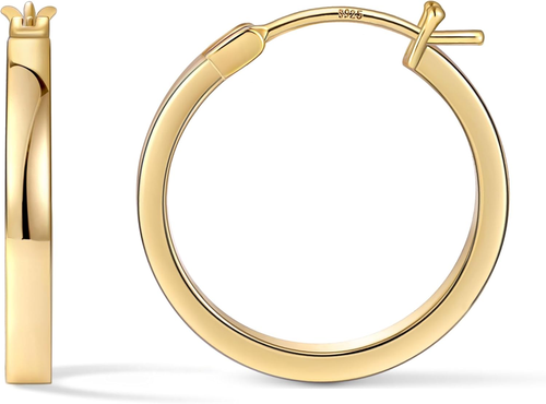 Flatted Gold Hoop Earrings for Women 14K Real Gold Plated with 925 Sterling Silv