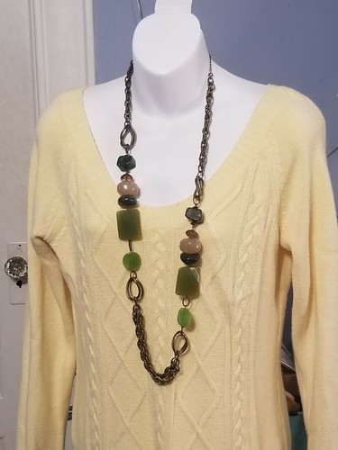 Collar de Eslabones de Cadena Grueso Vintage Avon Verde Jade y Latón Largo Declaración Ajustable - Imagen 3 de 9