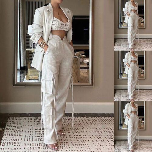 2PCS Womens Long Sleeve Single Breasted Solid Coats Pockets Pants Suit Sets US