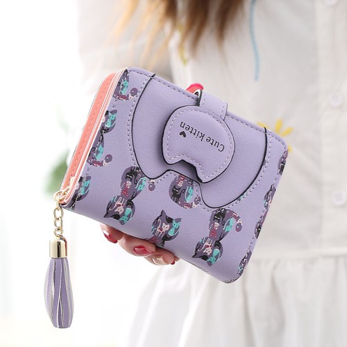 Women's Cute Cat Small Wallet Leather Card Holder Coin Purse Bifold Zipper Bag - Picture 15 of 15