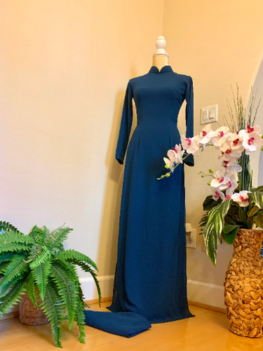 Blue Ao Dai Chiffon Double Layer Vietnamese Long Dress with Matching Pants G62 - Picture 6 of 14