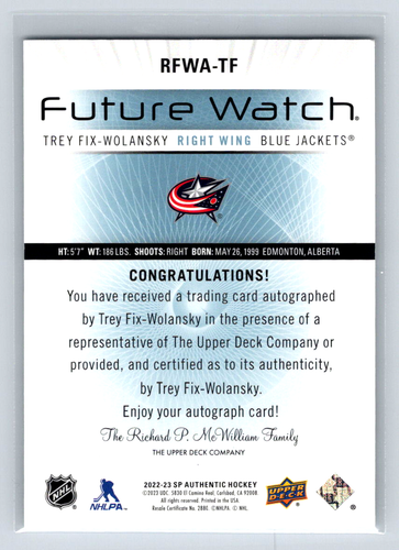 2022-23 SP Auténtico #RFWA-TF Trey Fix-Wolansky (RC)-Retro FW Auto 011/699 - Imagen 2 de 2