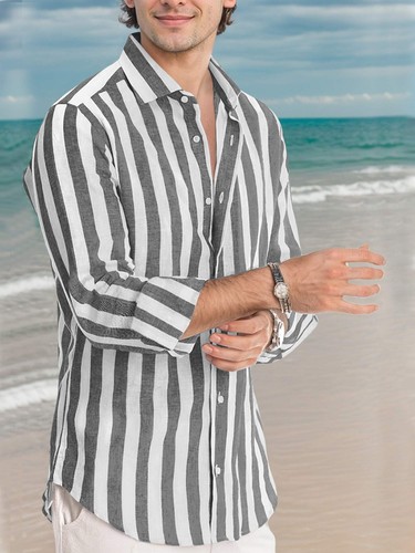 Mens Striped Printed Lapel Long Sleeves Shirt - Picture 8 of 14