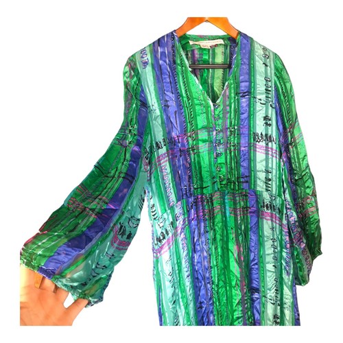 Vintage 100% Printed Silk Designer Dress Long Bell Sleeves Anne Crimmins UMI Co - Picture 5 of 24