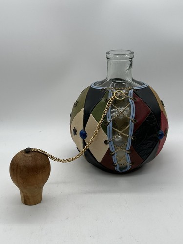 Vintage Multicolored Leather Wrapped Glass Decanter Wine Bottle Wood Stopper 9” - Picture 3 of 9
