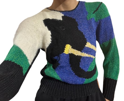 Vtg Antonella Preve Mammoth Elephant Sweater Women Size Medium Black Blue Green - Picture 2 of 14