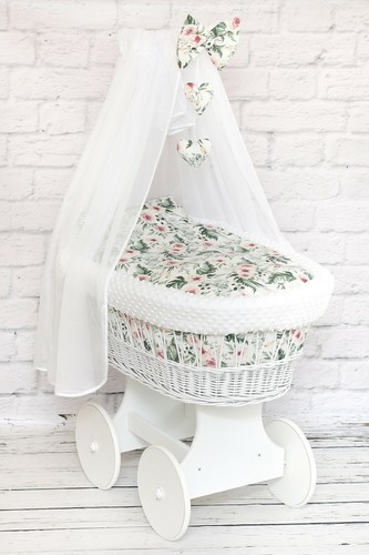 Luxury Wicker Moses Basket Full Set Wheel Baby Full Dimple Bedding Set Canopy - Picture 20 of 32