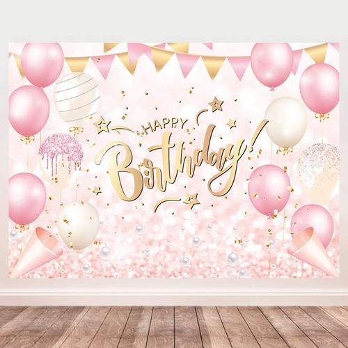 Pink Happy Birthday Banner Rose Gold Party Backdrop for Women & Girls 5x3ft - Picture 4 of 8
