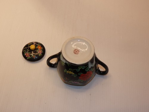 Vintage Japan Porzellan Zuckerschale, schwarz mit mehrfarbigen Blumen - Bild 7 von 9