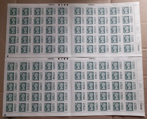 100 Royal Mail 2nd Class Large Letter Stamps Barcoded Self-adhesive Sheets Of 25