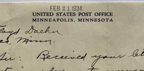 Antigua carta manuscrita de 1934 de la oficina de correos de los Estados Unidos Minneapolis Minnesota - Imagen 3 de 10
