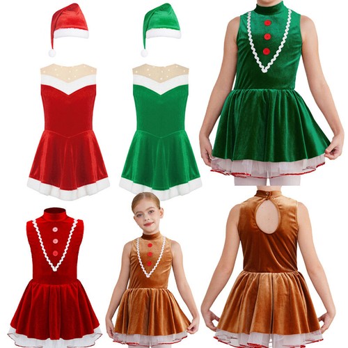 Kids Girl Christmas Santa Claus Costume Velvet One Piece Ballet Dance Dress Xmas - Picture 2 of 64