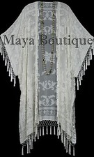 Ivory Beaded Silk Burnout Velvet Kimono Opera Coat Fringe Jacket Maya Matazaro