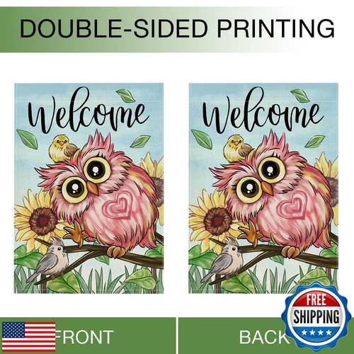 Hzppyz Welcome Spring Summer Pink Owl House Flag Double Sided, Sunflower Bird - Picture 3 of 5