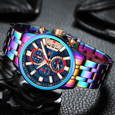 MINI FOCUS Men's Fashion Quartz Watch Rainbow color Stainless Steel Luminous Day