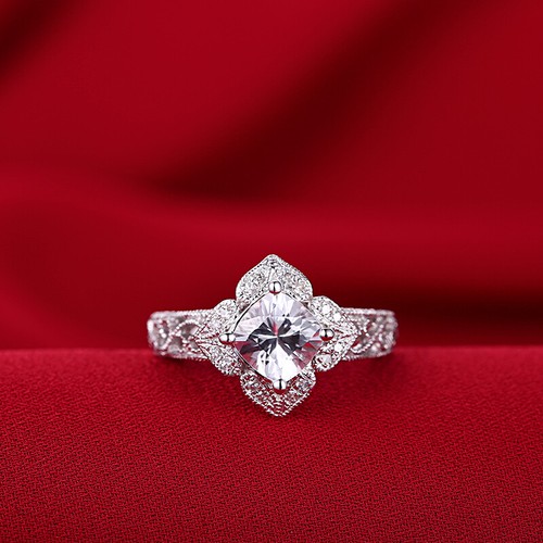 Amethyst Cushion 6x6mm White Topaz Engagement Diamonds Ring Sterling Silver 925 - Picture 7 of 7