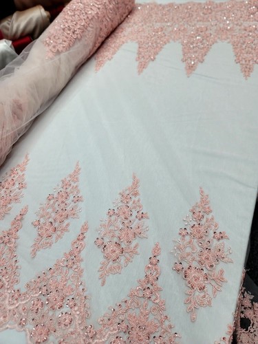 Enchanting Rose Pink Beaded Sequin Embroidery Lace Fabric - Sold by the Yard - Picture 10 of 12