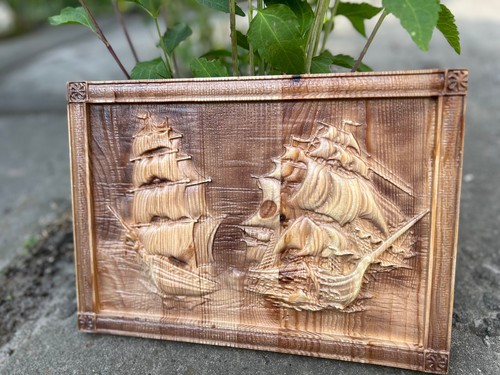 Großes Holz geschnitzt Bild Fregatte Schiffe auf See 3D Handarbeit Panno Wanddeko Geschenk - Bild 16 von 24