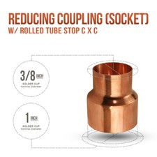 1" x 3/8" C x C Copper Reducing Coupling with Rolled Tube Stop