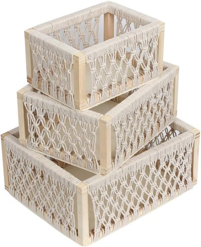 Macrame Storage Baskets for Shelves and Closet, Boho Decorative Boxes White 