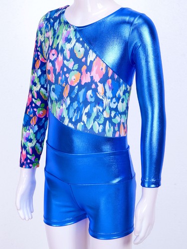 Kids Girls Shiny Long Sleeve Gymnastics Leotard with Booty Shorts Dancewear - Picture 15 of 36