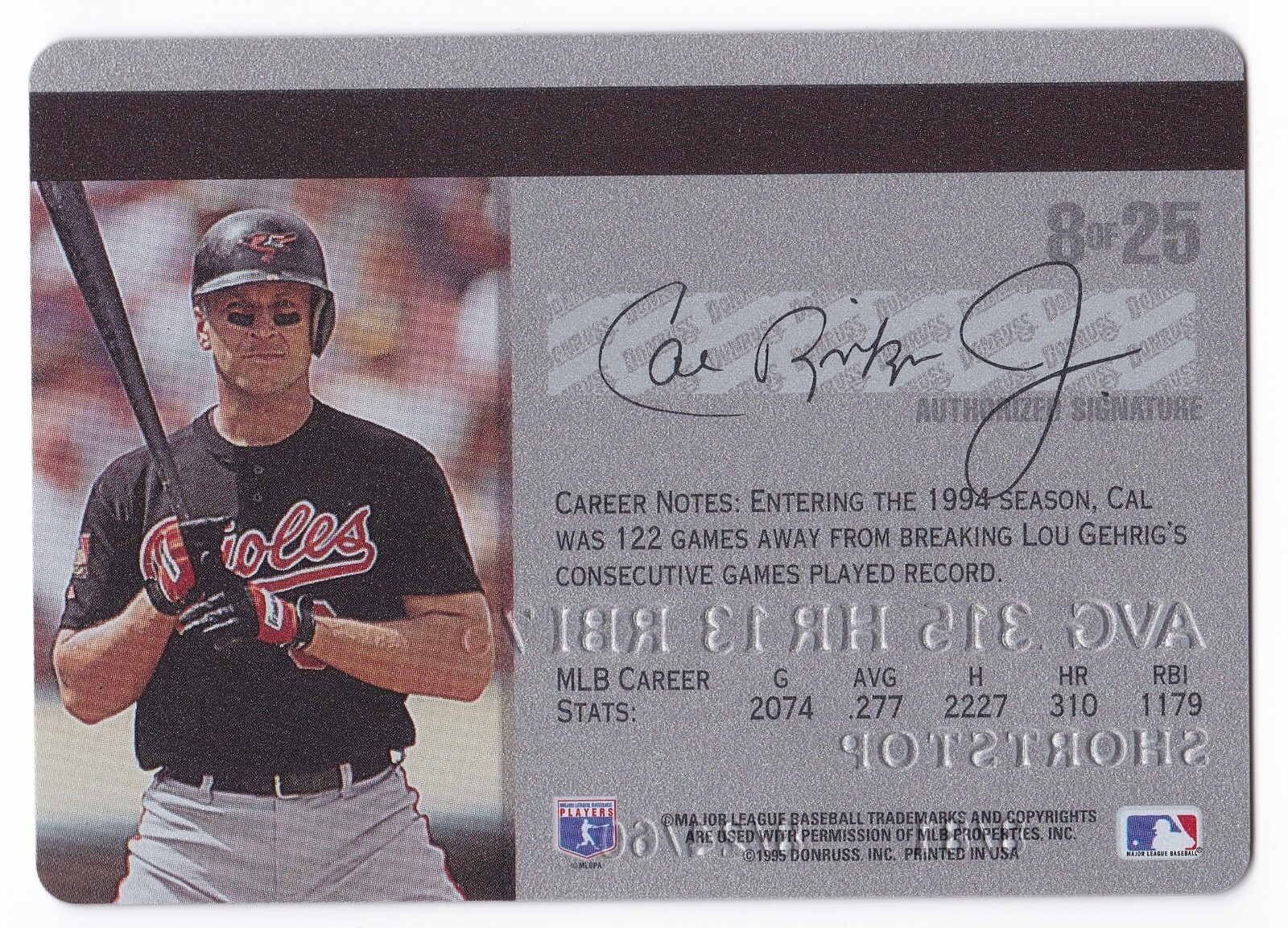 1995 Donruss Studio Cal Ripken Jr #8 PLATINUM Parallel Orioles HOF - Picture 2 of 2