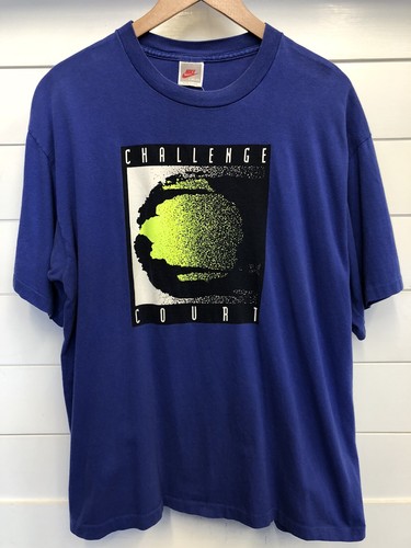 Vintage Nike Challenge Court box logo tennis ball T Shirt Mens Large Blue Single - Picture 1 of 9