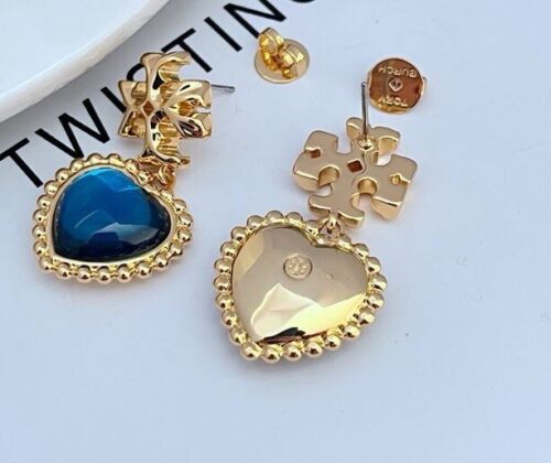 Tory Burch Lady Heart Shaped Blue Crystal Nice Limited Edition Lady Earrings - Picture 2 of 3